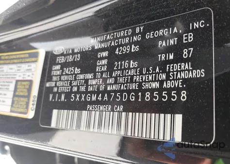 2013 Kia Optima Lx z USA, uszkodzony, nr VIN 5XXGM4A75DG185558